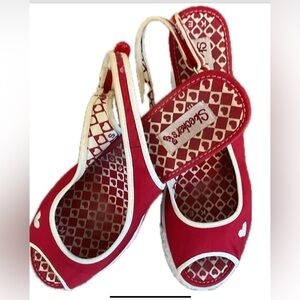 **Skechers Cali Y2K Red Heart slingback canvas wedges .